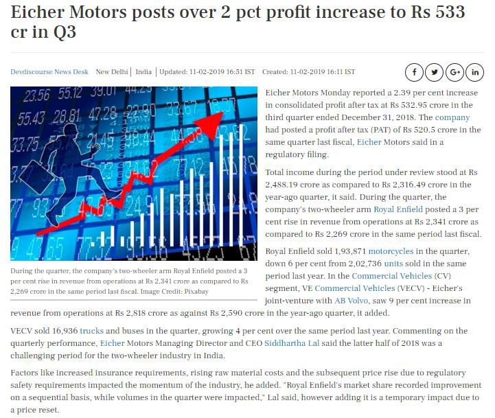 EICHER MOTORS POSTS OVER 2 PCT PROFIT INCREASE TO RS 533 CR IN Q3