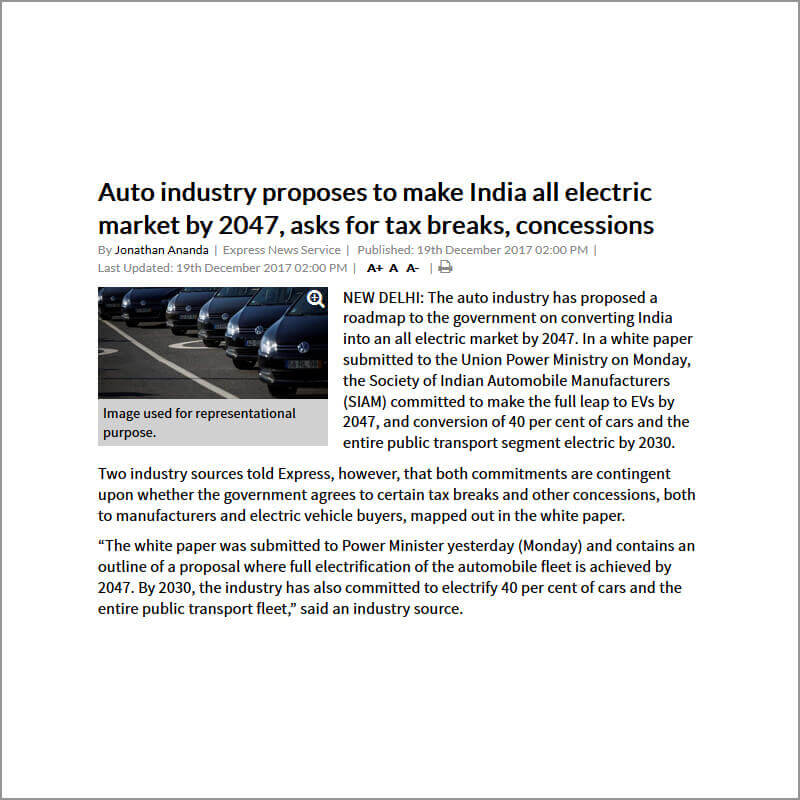 Auto industry proposes to make India all electric market by 2047
