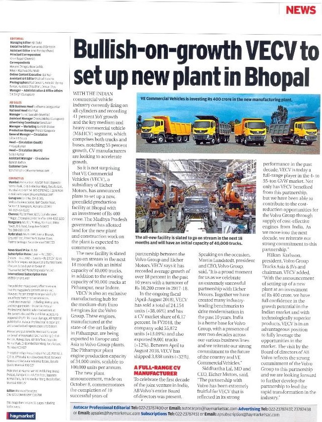 BULLISH-ON-GROWTH VECV TO SET UP NEW PLANT IN BHOPAL