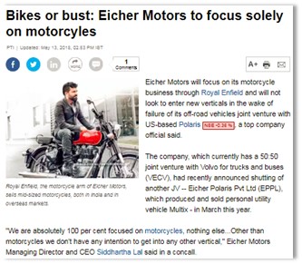 BIKES OR BUST: EICHER MOTORS TO FOCUS SOLELY ON MOTORCYLES 