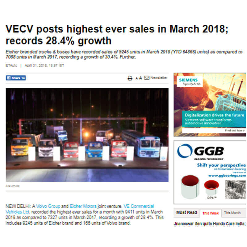 VECV POSTS HIGHEST EVER SALES IN MARCH 2018; RECORDS 28.4% GROWTH