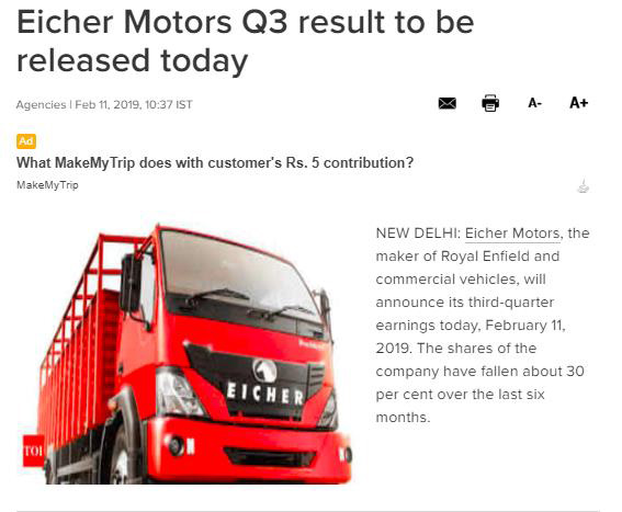 EICHER MOTORS Q3 RESULT TO BE RELEASED TODAY