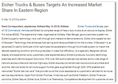 EICHER TRUCKS AND BUSES TARGETS AN INCREASED MARKET SHARE IN EASTERN REGION
