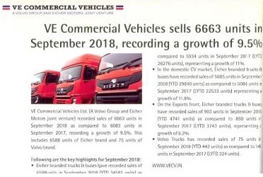VE COMMERCIAL VEHICLES SELLS 6663 UNITS IN SEPTEMBER 2018, RECORDING A GROWTH OF 9.5%