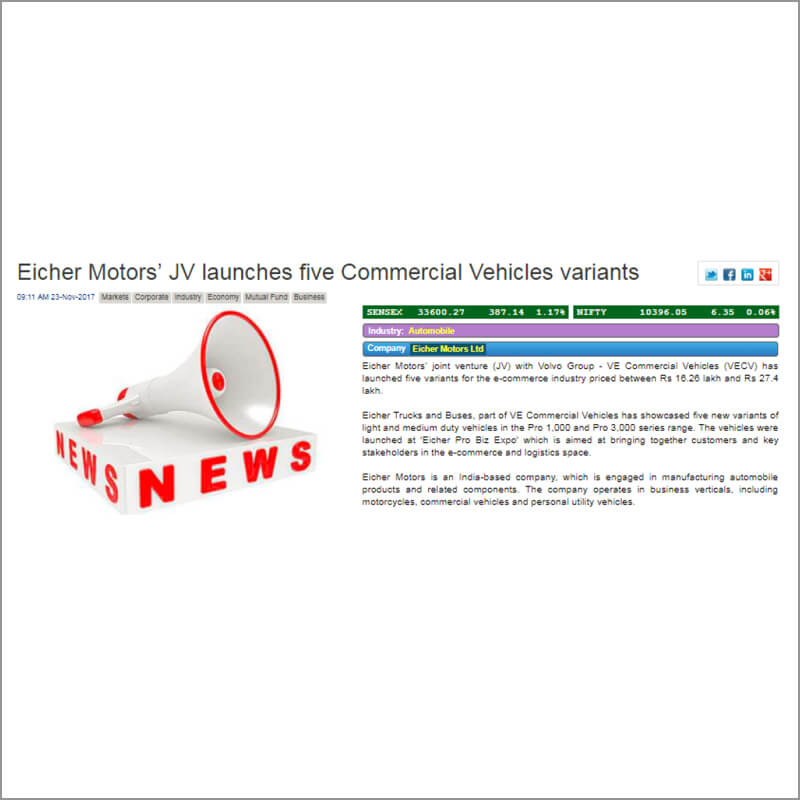 Eicher Motors JV launches five Commercial Vehicles variants
