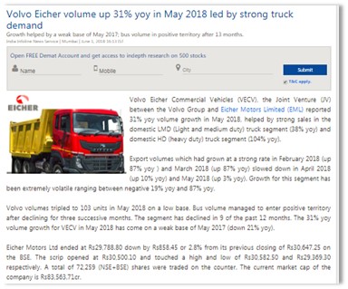 VOLVO EICHER VOLUME UP 31% YOY IN MAY 2018 LED BY STRONG TRUCK DEMAND