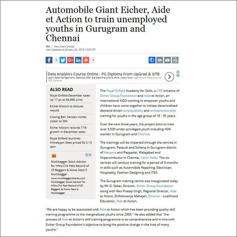 Automobile Giant Eicher, Aide et Action to train unemployed youths in Gurugram and Chennai