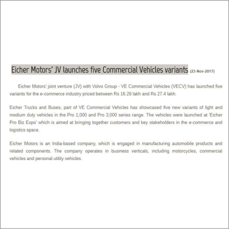Eicher Motors JV launches five Commercial Vehicles variants
