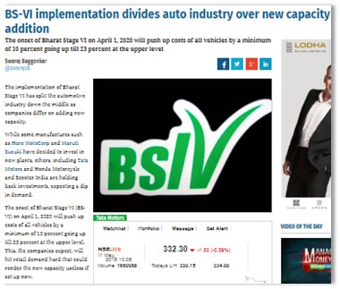 BS-VI IMPLEMENTATION DIVIDES AUTO INDUSTRY OVER NEW CAPACITY ADDITION