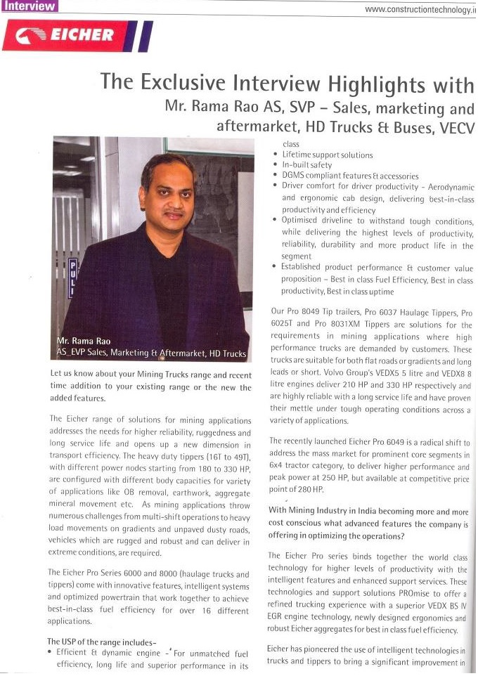 THE EXCLUSIVE INTERVIEW HIGHLIGHTS WITH MR. RAMA RAO AS, SVP- SALES AND MARKETING AND AFTERMARKET, HD TRUCKS & BUSES, VECV