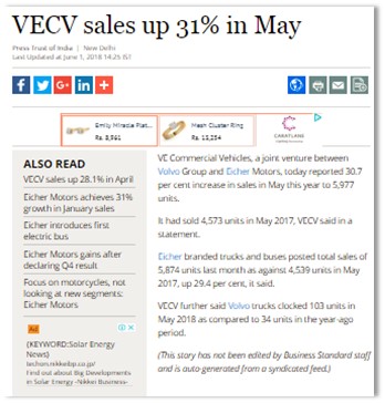 VECV SALES UP 31% IN MAY