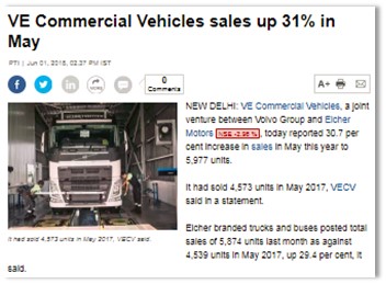 VE COMMERCIAL VEHICLES SALES UP 31% IN MAY