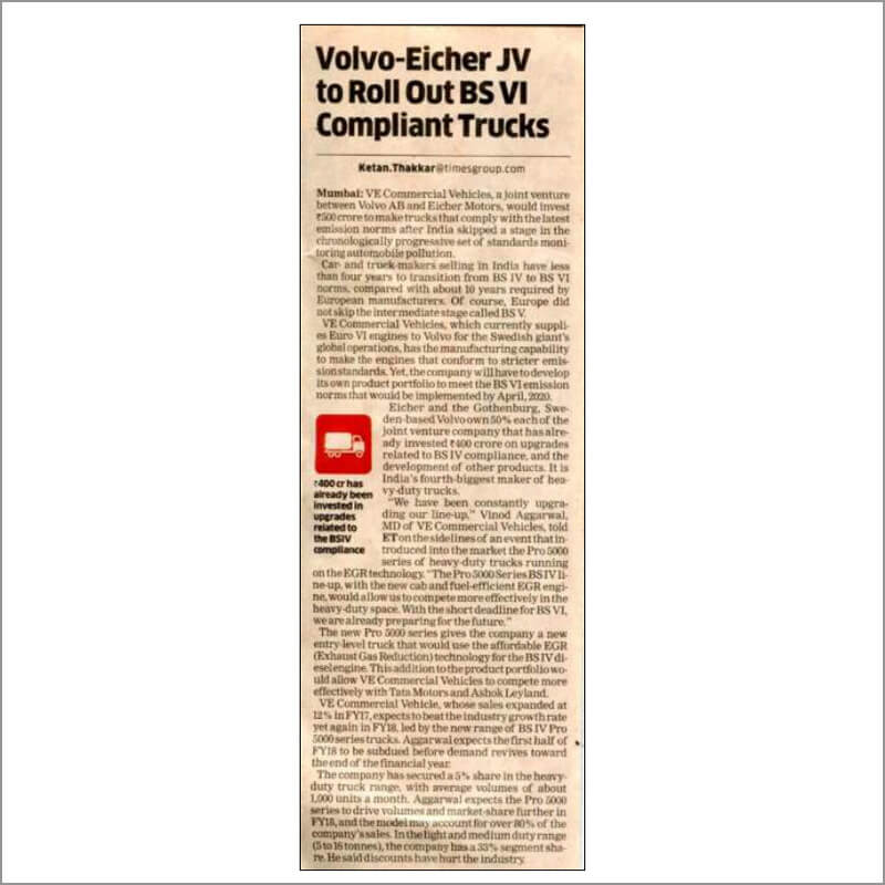 Volvo-Eicher JV to Roll Out BS VI Compliant Trucks