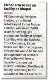 EICHER ARM TO SET UP FACILITY AT BHOPAL-THE FINANCIAL EXPRESS