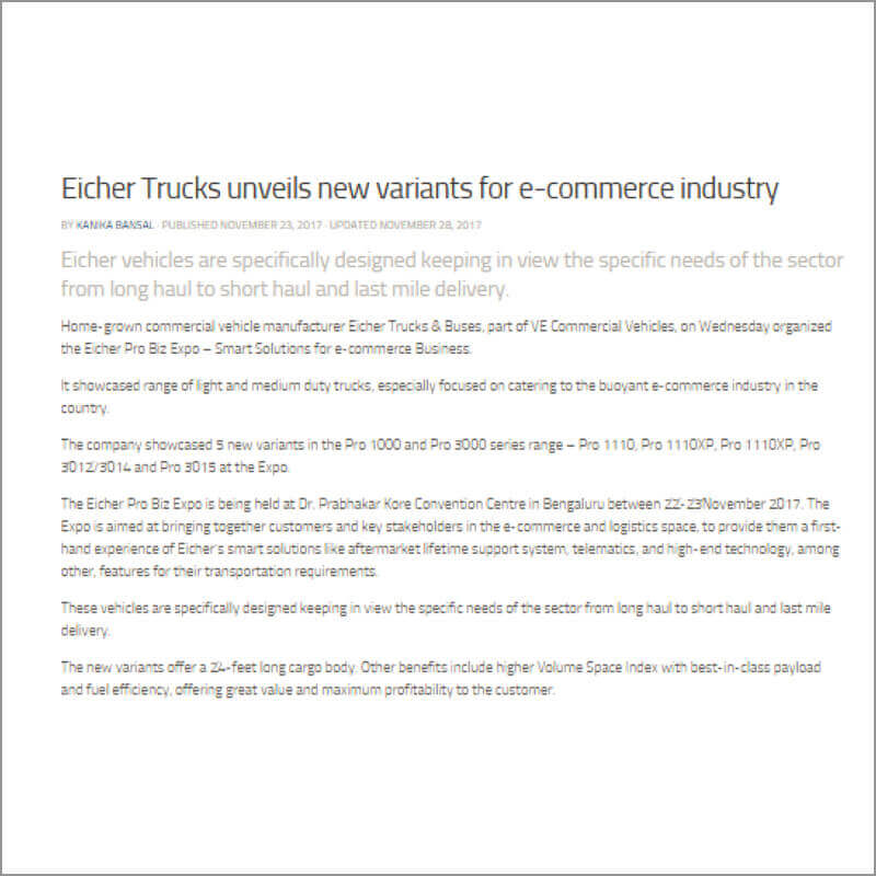 Eicher Trucks unveils new variants for e-commerce industry