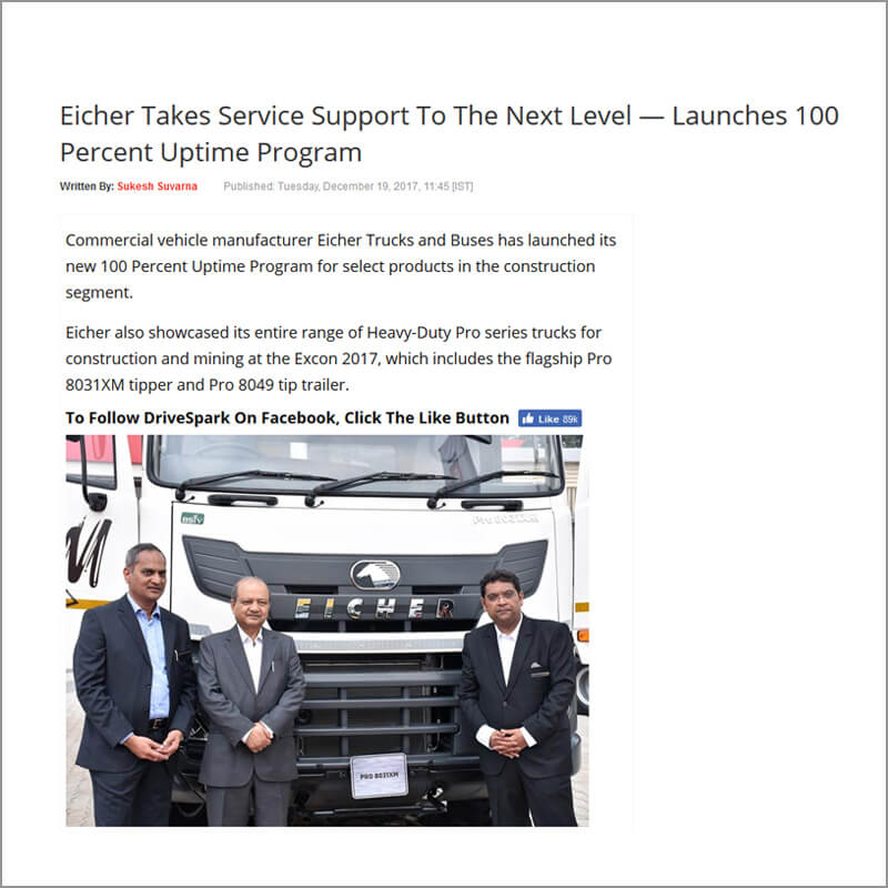 Eicher Takes Service Support To The Next Level - Launches 100% Uptime Program