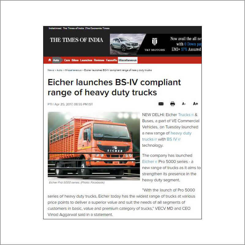 Eicher launches BS-IV compliant range of heavy duty trucks