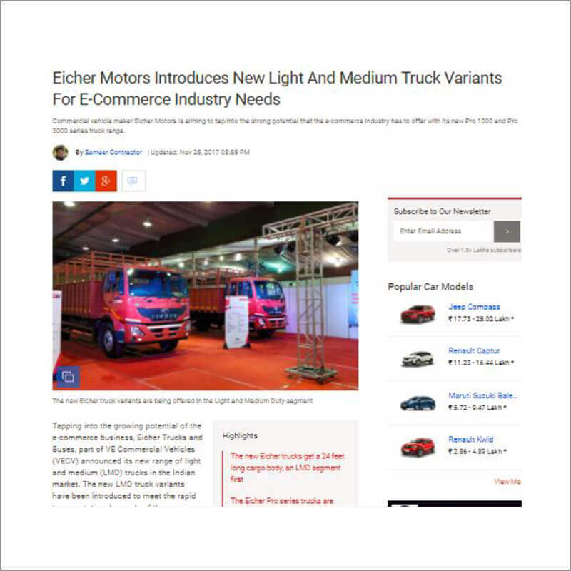 Eicher Motors Introduces New Light and Medium Truck Variants For E-Commerce Industry Needs