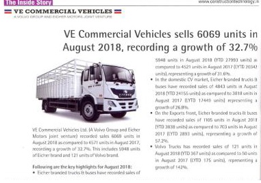 VE COMMERCIAL VEHICLES SELLS 6069 UNITS IN AUGUST 2018, RECORDING A GROWTH OF 32.7%