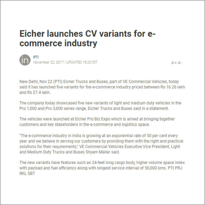 Eicher launches CV variants for e-commerce industry