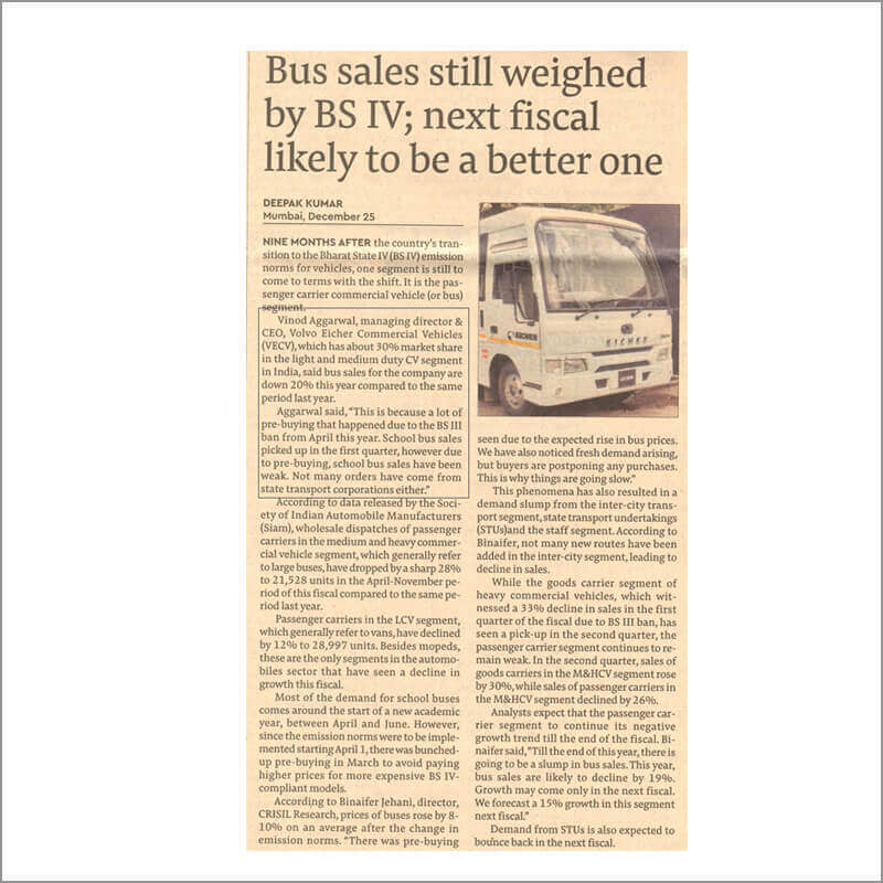 Bus sales still weighed by BS IV; next fiscal likely to be a better one 