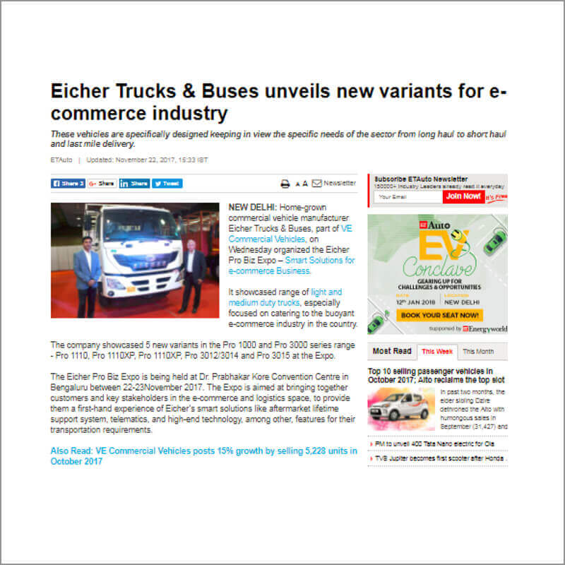 Eicher Trucks & Buses unveils new variants for e-commerce industry