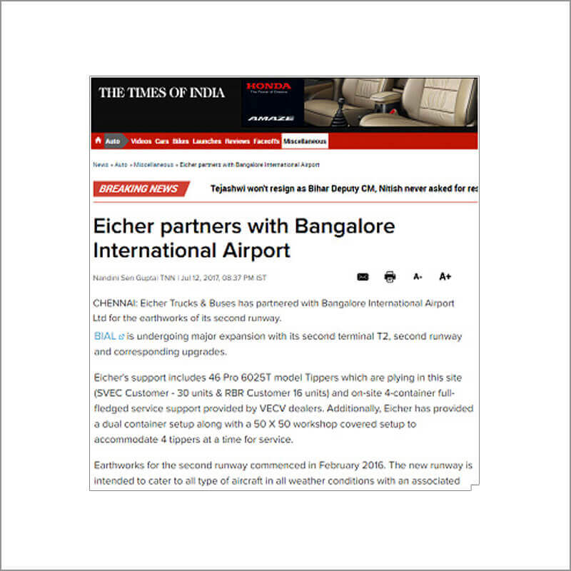 Eicher Partners With Bangalore International Airport
