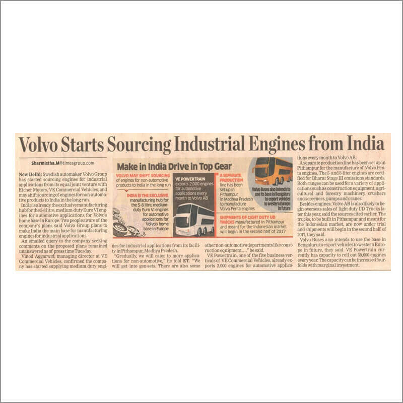 Volvo Starts Sourcing industrial Engines from india
