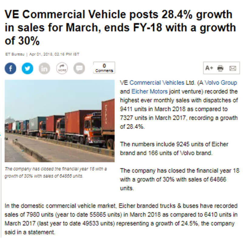 VE COMMERCIAL VEHICLE POSTS 28.4% GROWTH IN SALES FOR MARCH, ENDS FY-18 WITH A GROWTH OF 30%