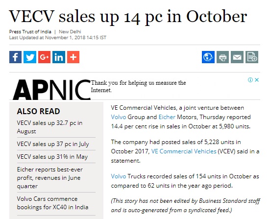 VECV SALES UP 14 PC IN OCTOBER