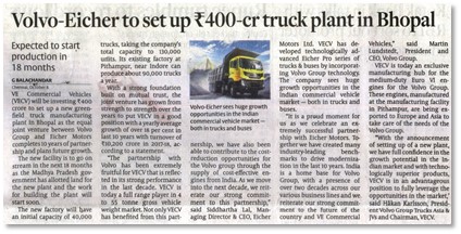 VOLVO EICHER TO SET UP INR 400 CRORE TRUCK PLANT IN BHOPAL