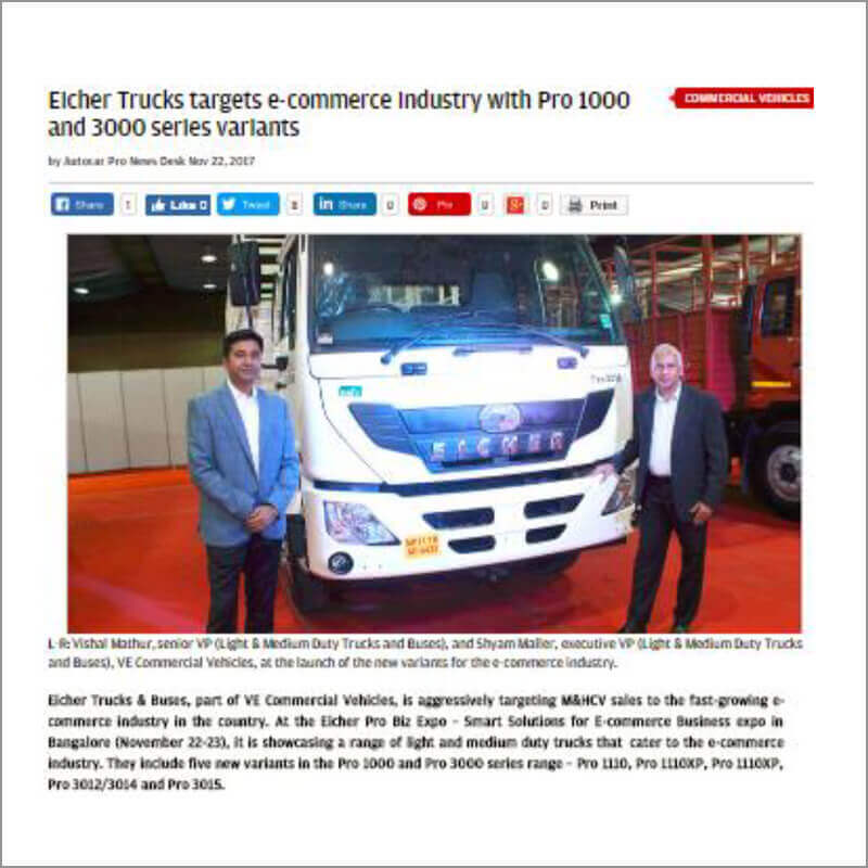 Eicher Trucks targets e-commerce industry with Pro 1000 and 3000 series variants