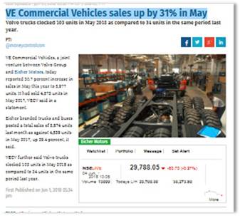 VE COMMERCIAL VEHICLES SALES UP BY 31% IN MAY