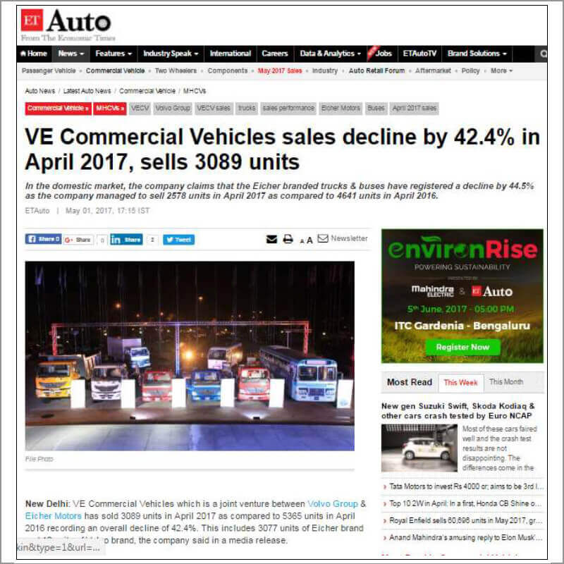 VE Comercial Vehicles sales declin by 42,4% in April 2017, sells 3089 units