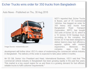 EICHER TRUCKS WINS ORDER FOR 350 TRUCKS FROM BANGLADESH