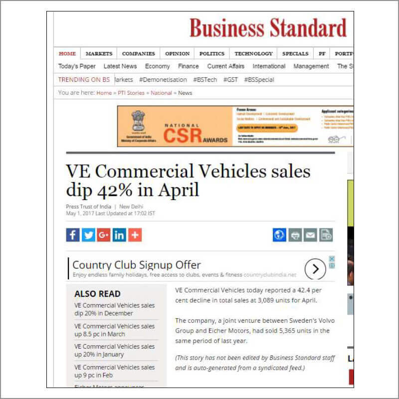 VE Commercial Vehicles sales dip 42% in April